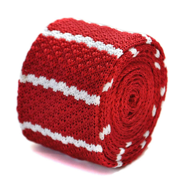 red skinny knitted tie with white stripes